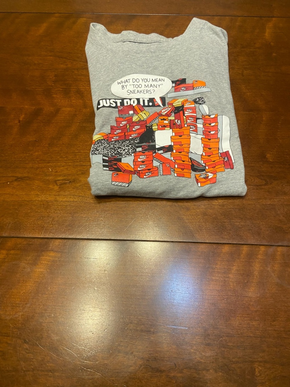 Nike Gray “What Do You Mean By Too Many Sneakers” Graphic T Shirt Men’s Small